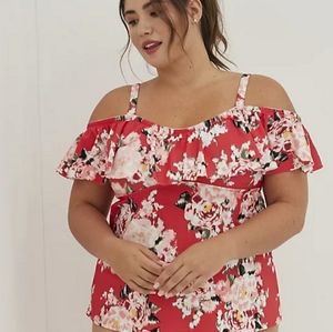 Torrid Off The Shoulder Ruffle Swim Tankini - Floral Red, size 4